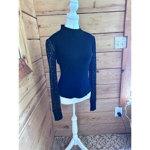 Eclipse Sparkle Mesh Sleeve Top Black Mock Neck Ribbed Party Top Large Dark Roma